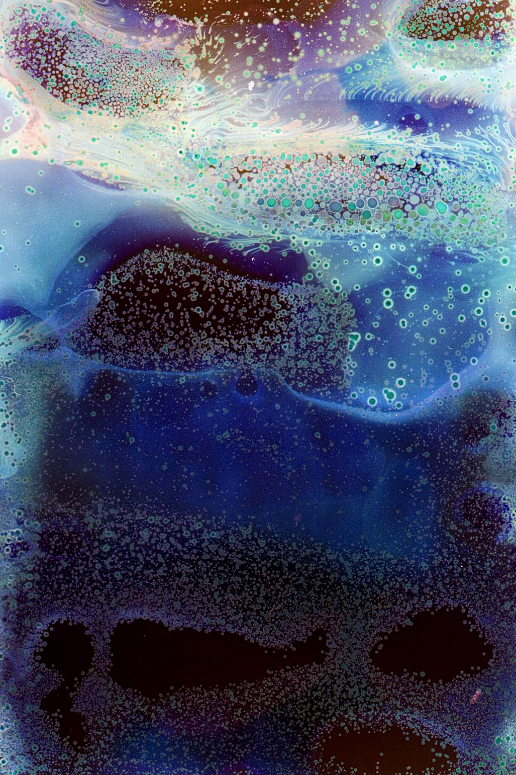 Bearbeitete Farbnegative mit zerlaufenen gepunkteten Formen. Sie erinnern an die Unterwasserwelt