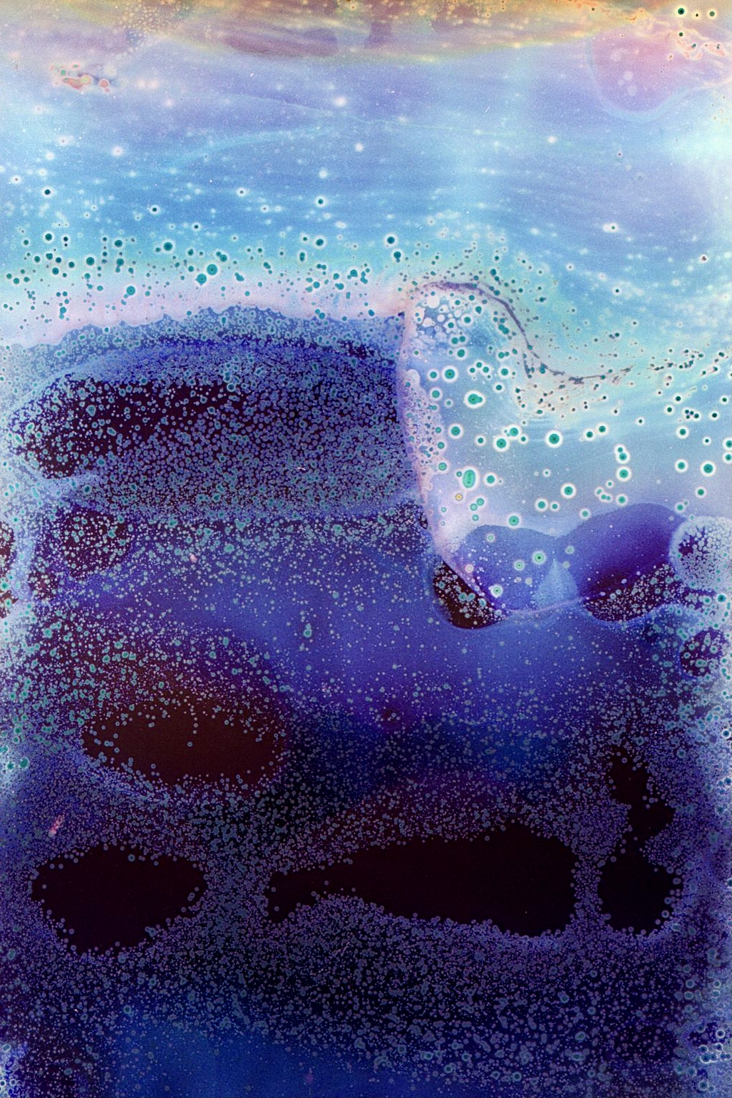 Bearbeitete Farbnegative mit zerlaufenen gepunkteten Formen. Sie erinnern an ein Riff und Wellen oder eine Unterwasserwelt